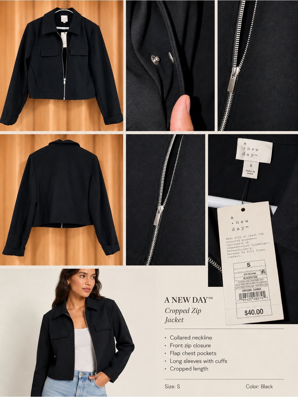 A NEW DAY Women's Black Cropped Bomber Jacket - Zip Front